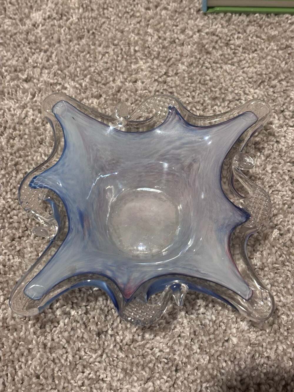 Murano Style Art Glass Handkerchief Bowl Blue White Pink Venetian